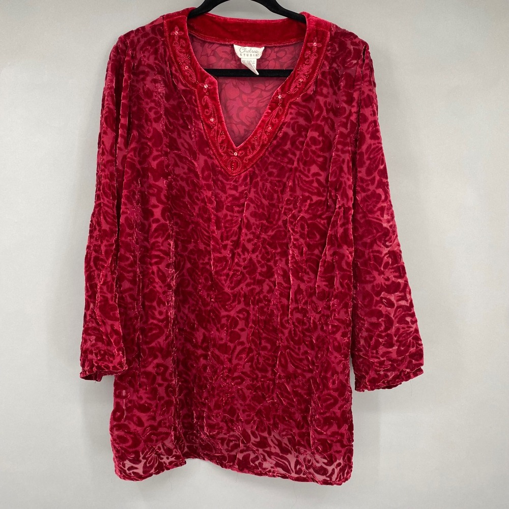 Vintage Chelsea‎ Studio Red Velvet Burnout Floral Tunic Top Medium Whimsygoth